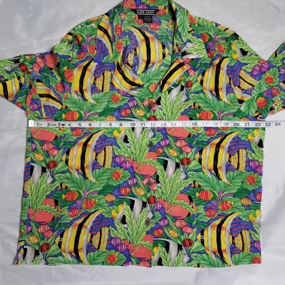 Vintage 90s Ann May 100% Silk Blouse Bright Vibrant Colors Tropical Fish Women L - Picture 8 of 10